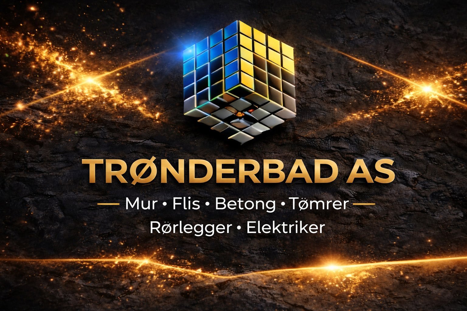 Trenderbad AS logo with Rubiks cube design on dark textured background with golden light effects and service listings
